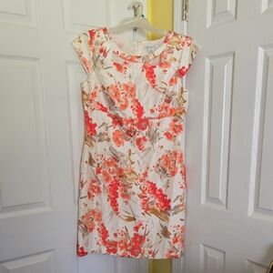 Liz Claiborne Coral and Cream Floral Cap-Sleeve Midi Dress